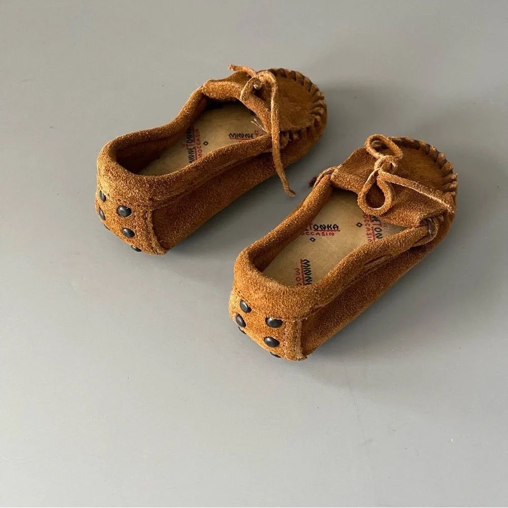 Minnetonka Toddler Leather Vintage Moccasins 6 Brown Slip On Comfort Boho Navajo